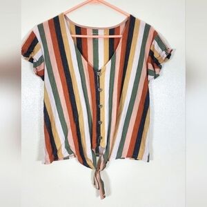 American Eagle Cropped Top Striped Linen Blend Tied Waist Short Sleeve Tee Sz S